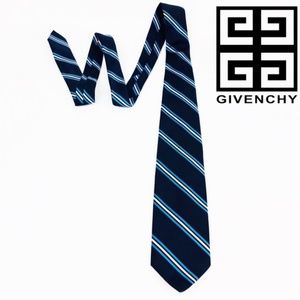 Narrow Givenchy Paris Blue Black Stripped 100% Silk Tie